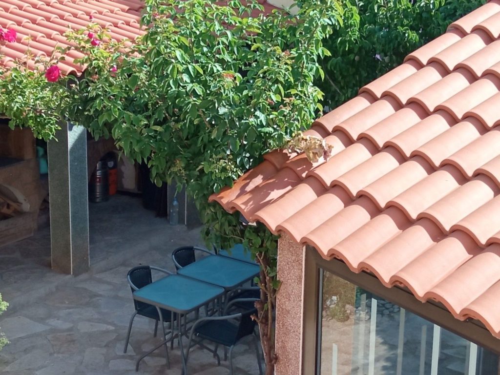 Terraza con mesas y plantas