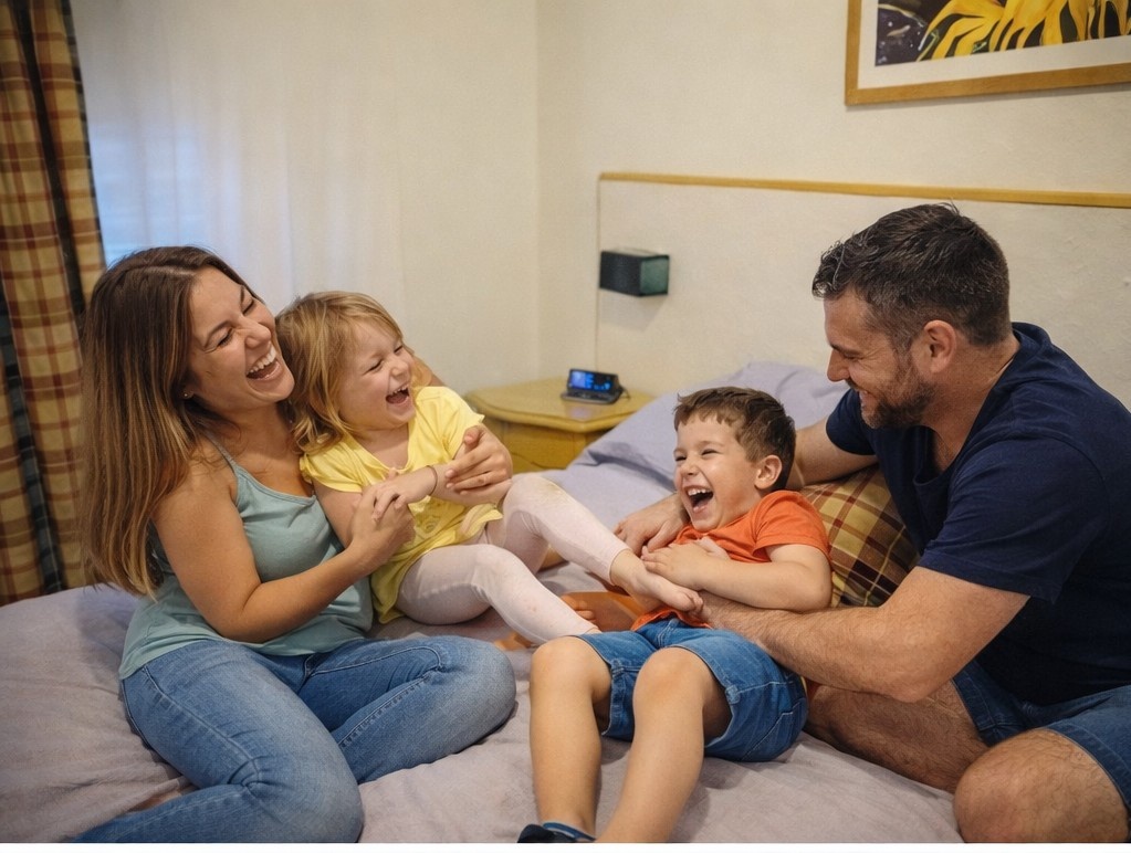 Familia riendo en la cama
