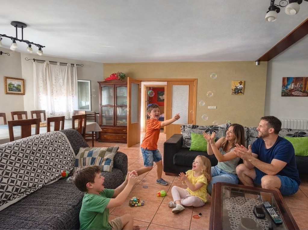 Divertida familia jugando con burbujas