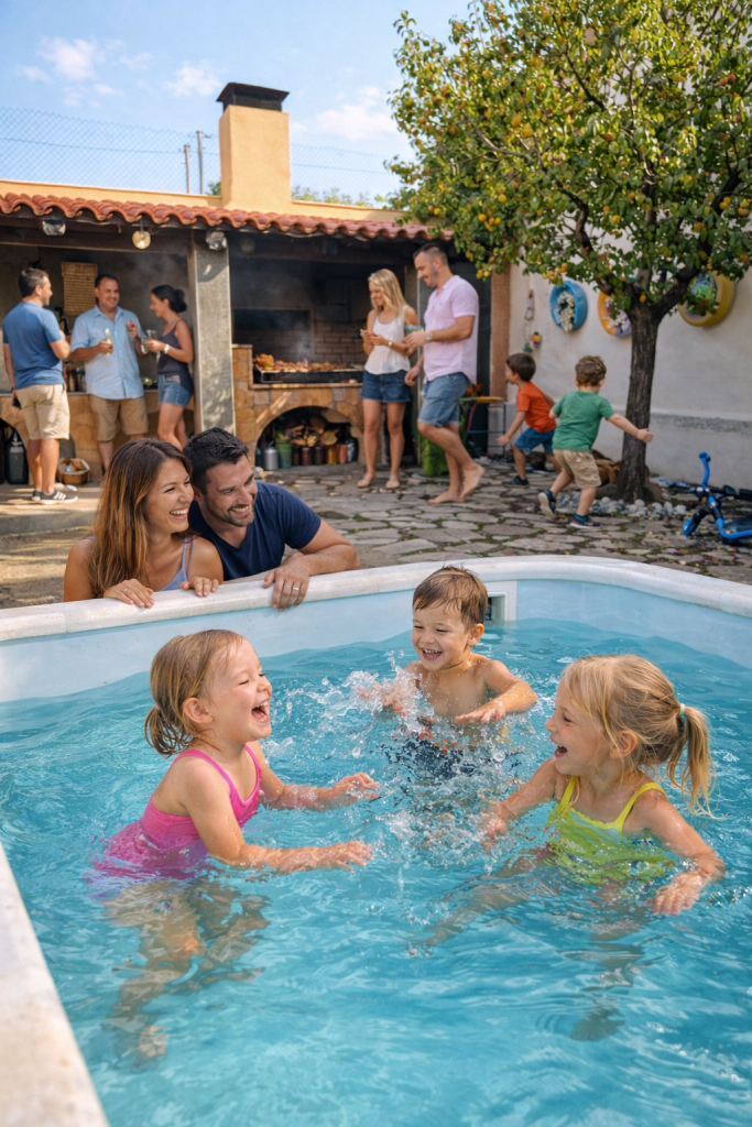 Niños jugando en la piscina